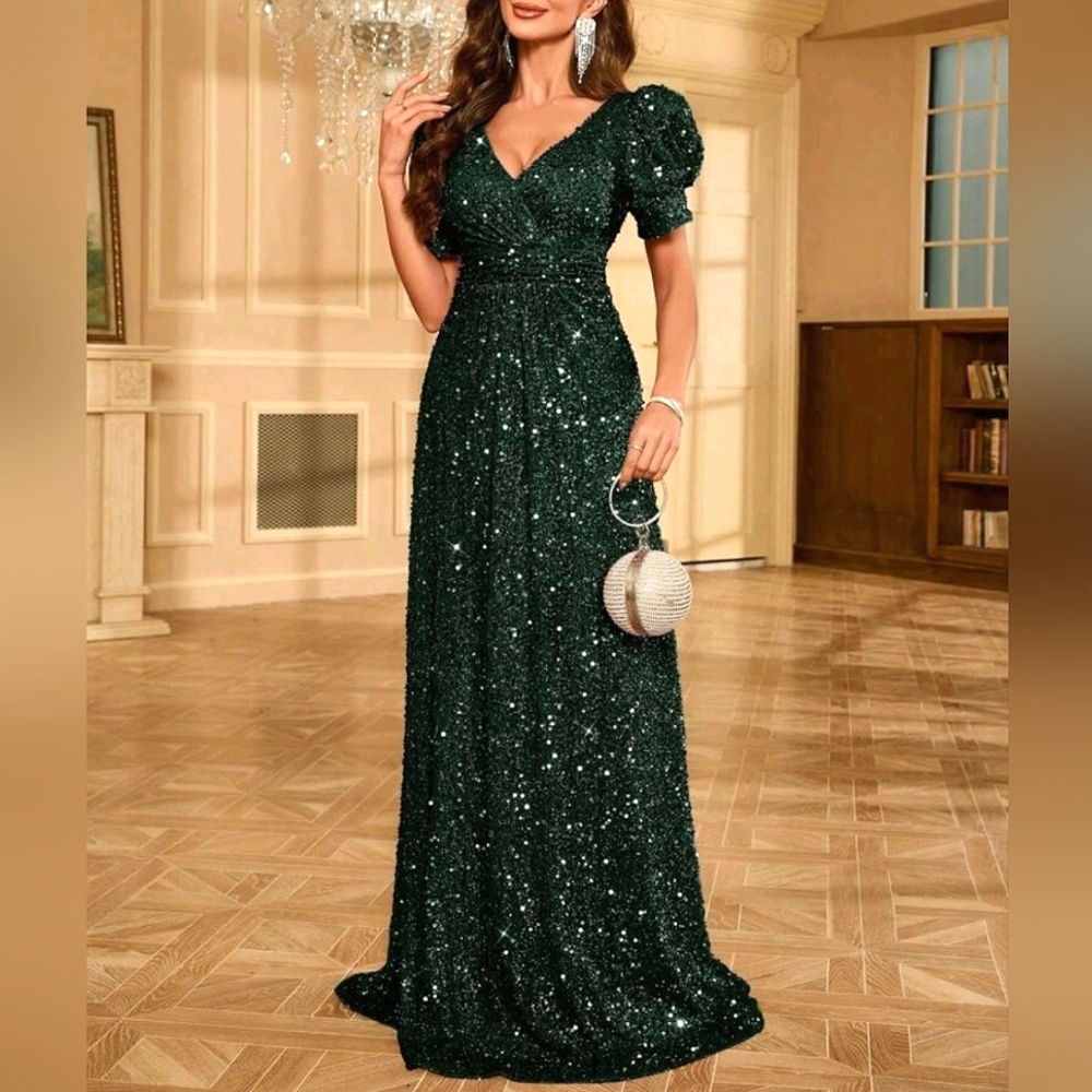 NEW Glam Sequin Ruched Top Puffed Short Sleeve Maxi Gown Dress Dark Green - Picture 6 of 9